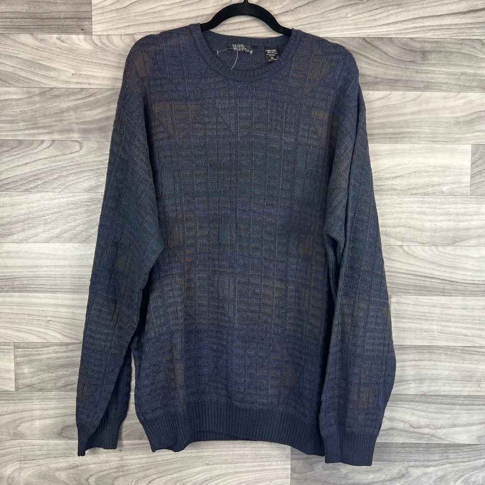 Segreto Sweater Men's XL Navy Blue Cotton Knitted Long Sleeve Crew Neck Pullover